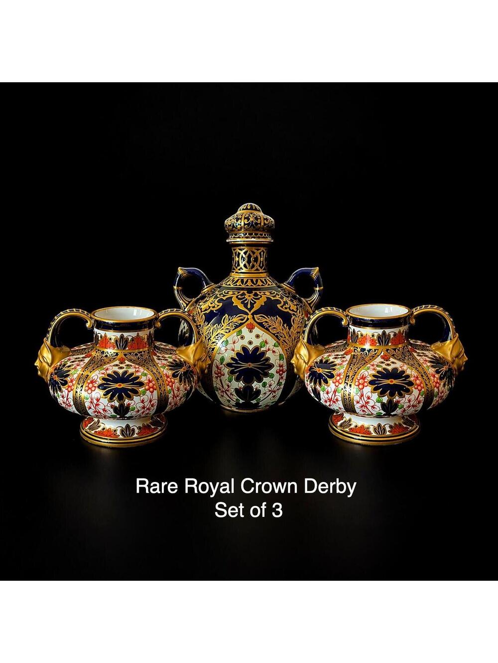 Rare Royal Crown Derby Imari Porcelain Garniture Urn Vases - Set of 3 - 10259